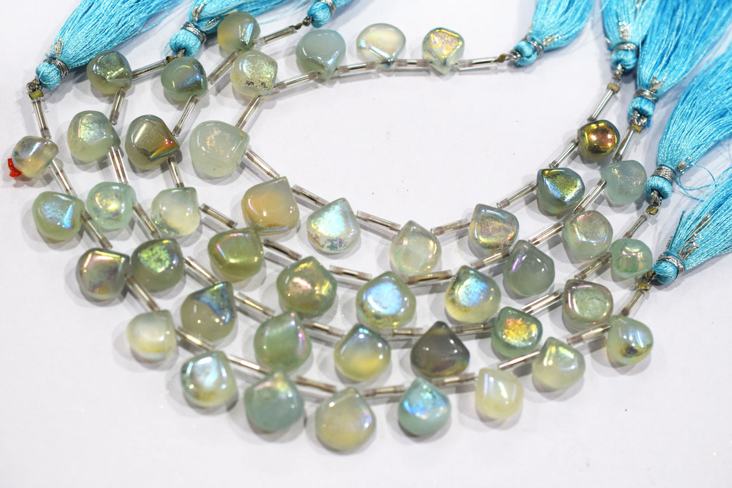 11 Pieces In A Strand , Aqua Chalcedony Rustic Style Titanium Coated Heart Shape Beads , 9 - 12 mm , 20421