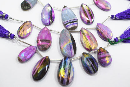 5 Pieces In A Strand Rustic Metallic Coated Lace Opalite Chalcedony Faceted Pear Shape Beads , Sold By Strand , 13x25 - 21x35 mm , 20431
