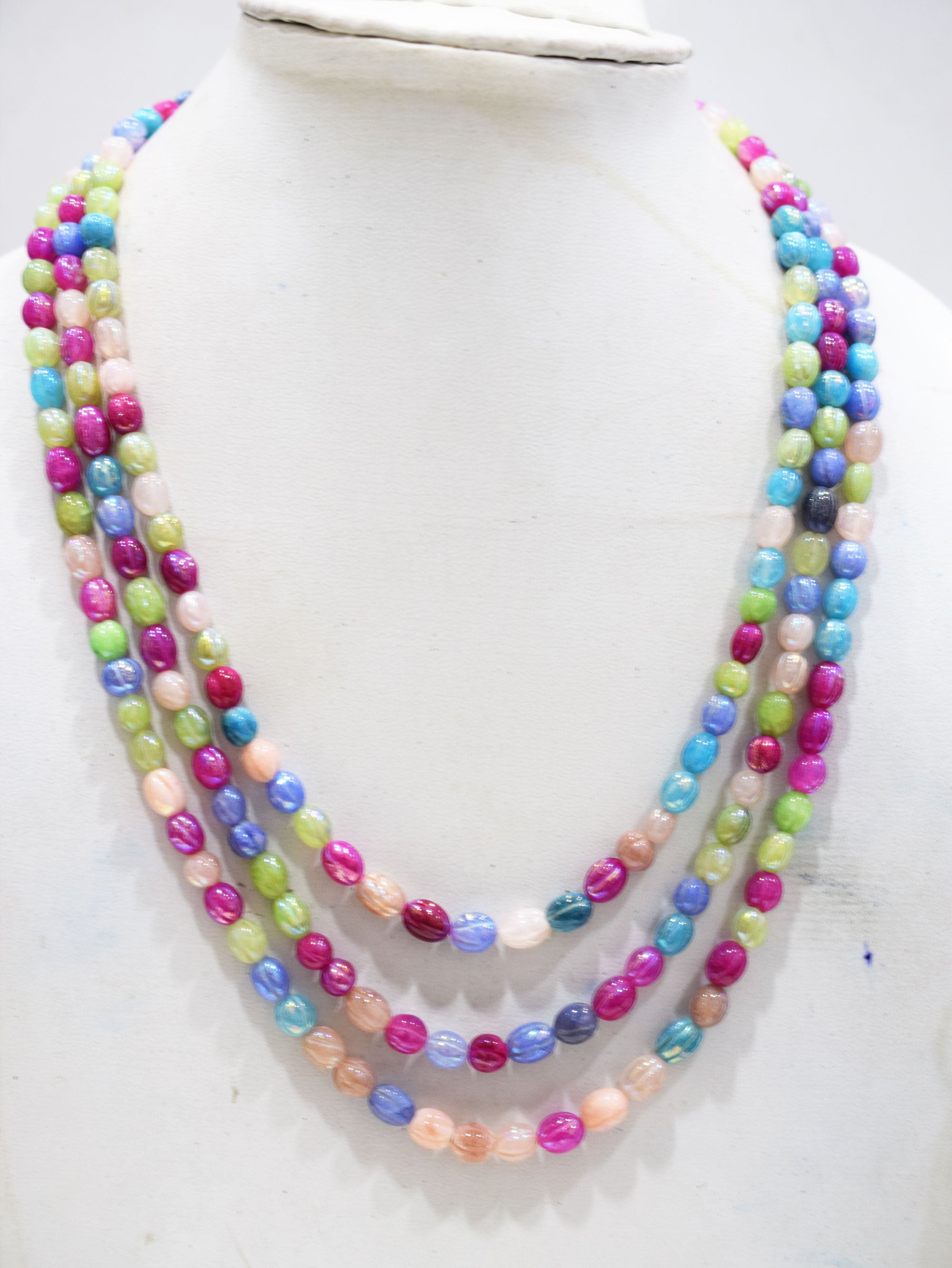 3 Lines Rustic Metallic Natural Multi Quartz Carved Oval Nuggets Necklace , 5x6 - 6.50x8 mm , 16" - 20", 20500