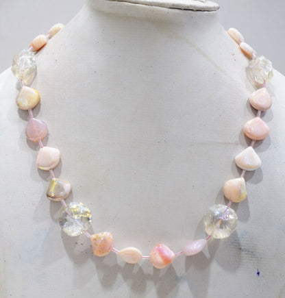 Rustic Metallic Coated Pink Opal And Herkimer Diamond Necklace , 14x14 - 20x20 mm , 17" , 20505