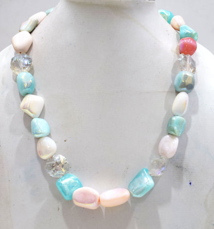 Rustic Metallic Coated Pink Opal With Blue Opal And Herkimer Diamond Necklace , 13x16 - 22x24 mm , 18" , 20506
