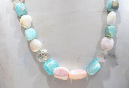 Rustic Metallic Coated Pink Opal With Blue Opal And Herkimer Diamond Necklace , 13x16 - 22x24 mm , 18" , 20506