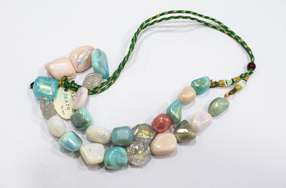 Rustic Metallic Coated Pink Opal With Blue Opal And Herkimer Diamond Necklace , 13x16 - 22x24 mm , 18" , 20506