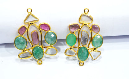 Stunning Tourmaline Emerald And Moissanite Diamond Pair in 925 Silver With 1 Gm Gold Plating Pair , Ready Component , 31x27 mm , 30040