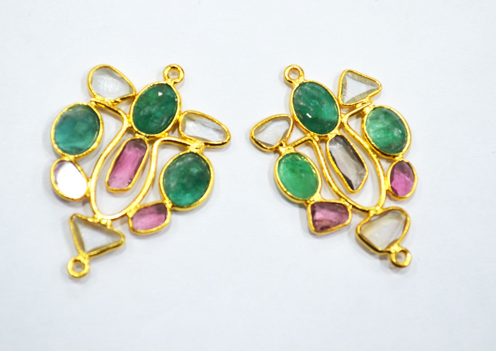 Stunning Tourmaline Emerald And Moissanite Diamond Pair in 925 Silver With 1 Gm Gold Plating Pair , Ready Component , 31x27 mm , 30040