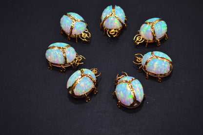 Ethiopian Opal Electroplated Beetle Pendant , Egyptian Scarab Opal Charm , Sold By Piece , Use To Make Jewelry , 2.25 - 2.50 cm , 31347A