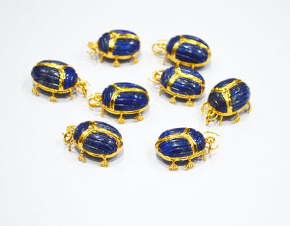Lapis Lazuli Electroplated Beetle Pendant , Egyptian Scarab Lapis Lazuli Charm , Sold By Piece , Use To Make Jewelry , 2 - 2.25 cm , 31347B