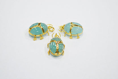 Aqua Chalcedony Electroplated Beetle Pendant , Egyptian Scarab Aqua Chalcedony Charm , Sold By Piece , Use To Make Jewelry , 2 - 2.25 cm , 31347C