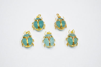 Aqua Chalcedony Electroplated Beetle Pendant , Egyptian Scarab Aqua Chalcedony Charm , Sold By Piece , Use To Make Jewelry , 2 - 2.25 cm , 31347C
