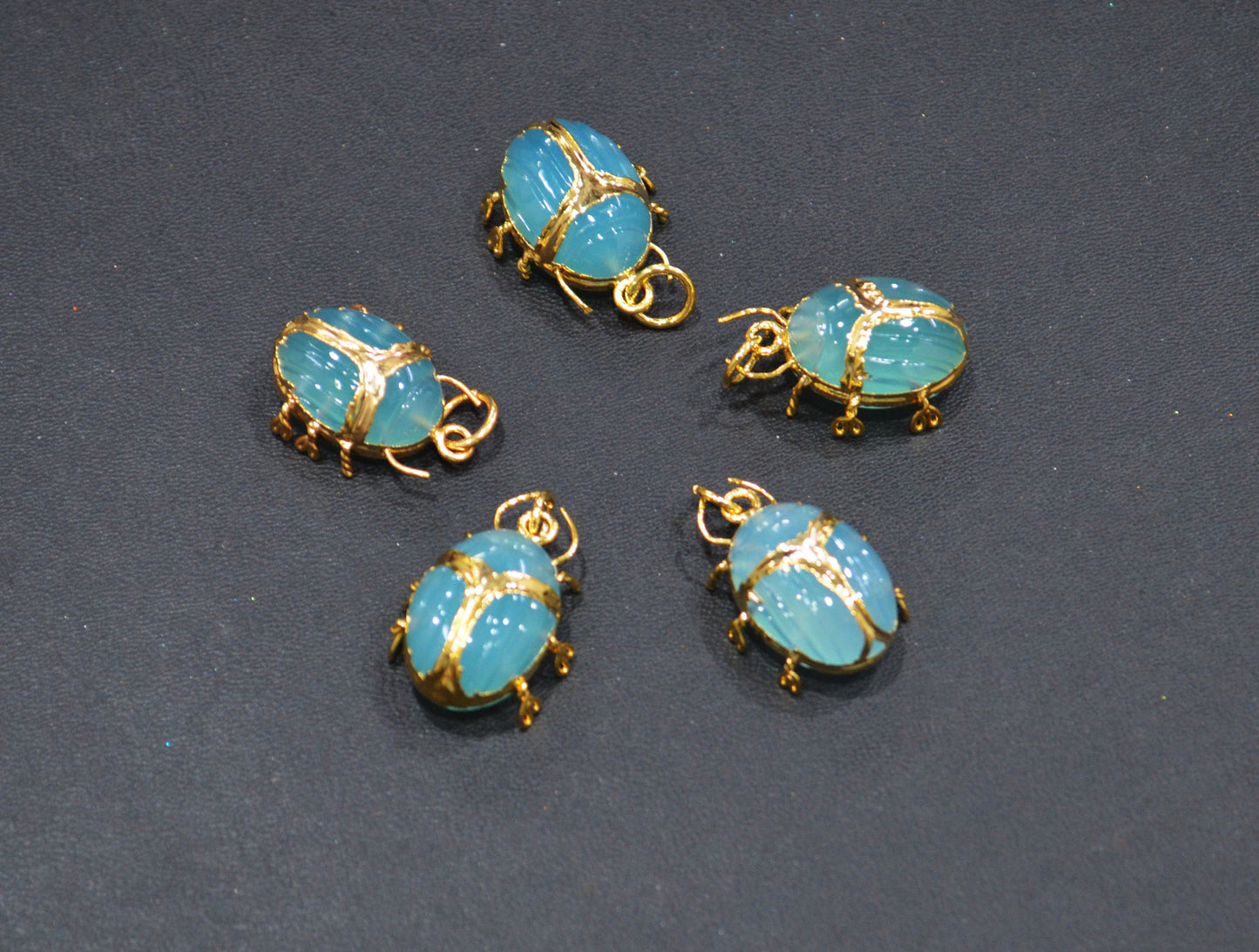Aqua Chalcedony Electroplated Beetle Pendant , Egyptian Scarab Aqua Chalcedony Charm , Sold By Piece , Use To Make Jewelry , 2 - 2.25 cm , 31347C