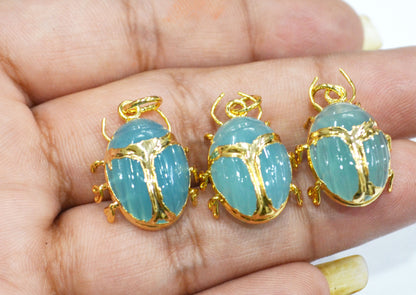 Aqua Chalcedony Electroplated Beetle Pendant , Egyptian Scarab Aqua Chalcedony Charm , Sold By Piece , Use To Make Jewelry , 2 - 2.25 cm , 31347C