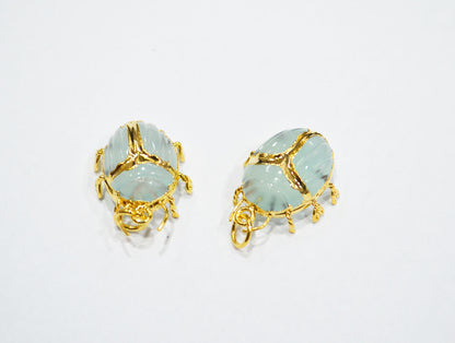 Light Color Aqua Chalcedony Electroplated Beetle Pendant , Egyptian Scarab Aqua Charm , Sold By Piece , Use To Make Jewelry , 2 - 2.25 cm , 31347D
