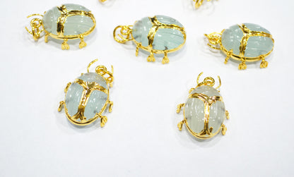 Light Color Aqua Chalcedony Electroplated Beetle Pendant , Egyptian Scarab Aqua Charm , Sold By Piece , Use To Make Jewelry , 2 - 2.25 cm , 31347D