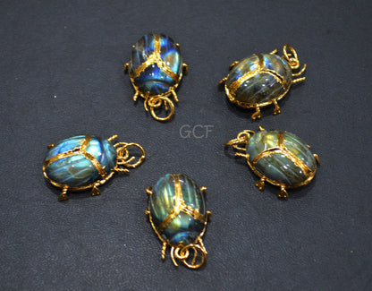 Labradorite Electroplated Beetle Pendant , Egyptian Scarab Labradorite Charm , Sold By Piece , Use To Make Jewelry , 2.25 - 2.50 cm , 31347