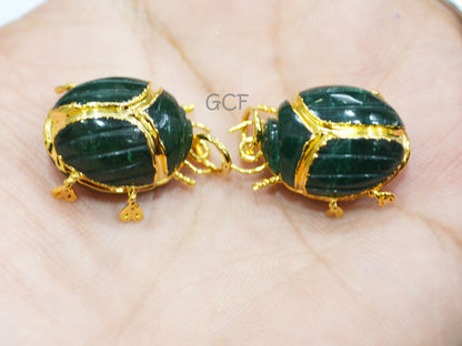 Green Aventurine Electroplated Beetle Pendant , Egyptian Scarab Green Aventurine Charm , Sold By Piece , 2.25 - 2.75 cm , 31350