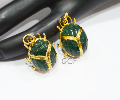 Green Aventurine Electroplated Beetle Pendant , Egyptian Scarab Green Aventurine Charm , Sold By Piece , 2.25 - 2.75 cm , 31350
