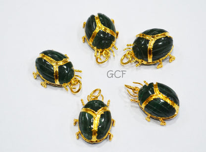 Green Aventurine Electroplated Beetle Pendant , Egyptian Scarab Green Aventurine Charm , Sold By Piece , 2.25 - 2.75 cm , 31350