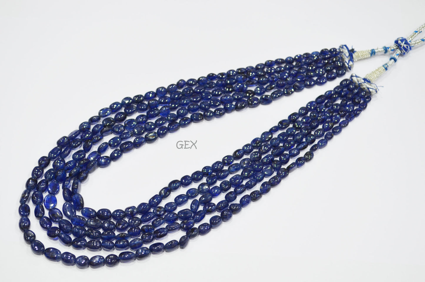 Sapphire Glass Filled Smooth Oval Nuggets Shape Necklace , Sapphire Glass Filled 5 Line Necklace 16 - 20 Inches Long With Adjustable Tussle , 4.50x5.50 - 7x10 mm , 32012