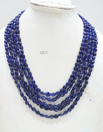 Sapphire Glass Filled Smooth Oval Nuggets Shape Necklace , Sapphire Glass Filled 5 Line Necklace 16 - 20 Inches Long With Adjustable Tussle , 4.50x5.50 - 7x10 mm , 32012