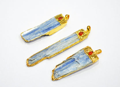 Bohemian Style Raw Kyanite Pendant With Carnelian Pear Accent , Gold Electroplated Pendant Charm , Sold By Piece , 55 - 80 mm , 30254