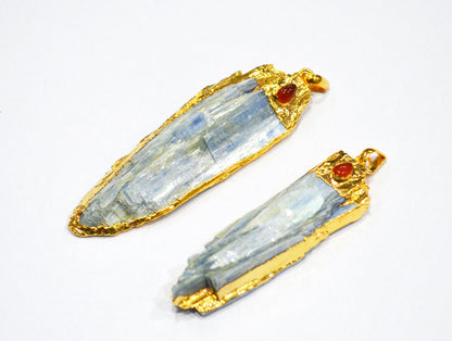 Bohemian Style Raw Kyanite Pendant With Carnelian Pear Accent , Gold Electroplated Pendant Charm , Sold By Piece , 55 - 80 mm , 30254
