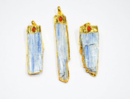 Bohemian Style Raw Kyanite Pendant With Carnelian Pear Accent , Gold Electroplated Pendant Charm , Sold By Piece , 55 - 80 mm , 30254
