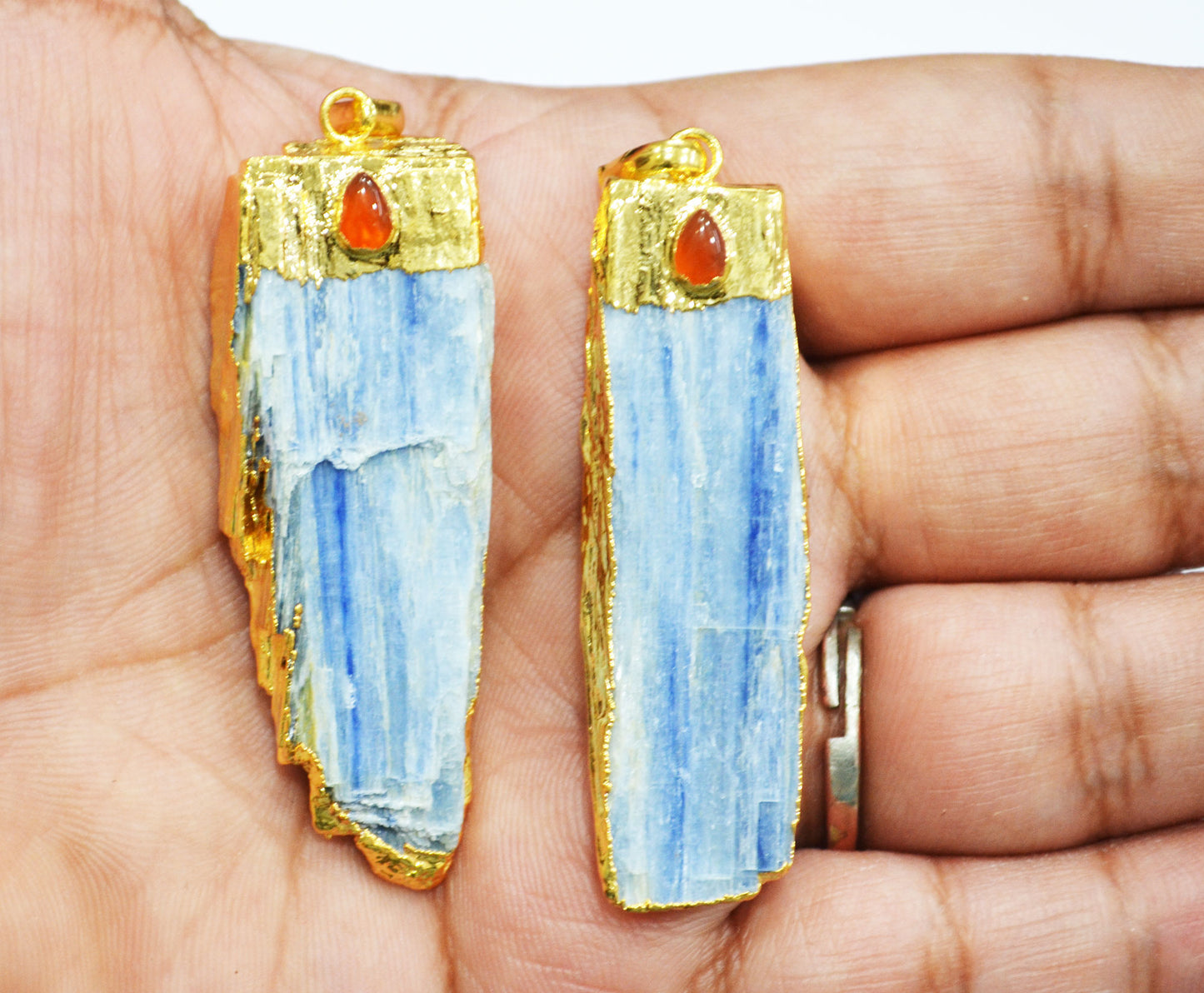 Bohemian Style Raw Kyanite Pendant With Carnelian Pear Accent , Gold Electroplated Pendant Charm , Sold By Piece , 55 - 80 mm , 30254