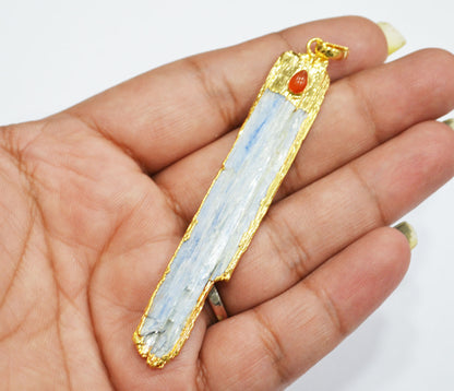Bohemian Style Raw Kyanite Pendant With Carnelian Pear Accent , Gold Electroplated Pendant Charm , Sold By Piece , 55 - 80 mm , 30254