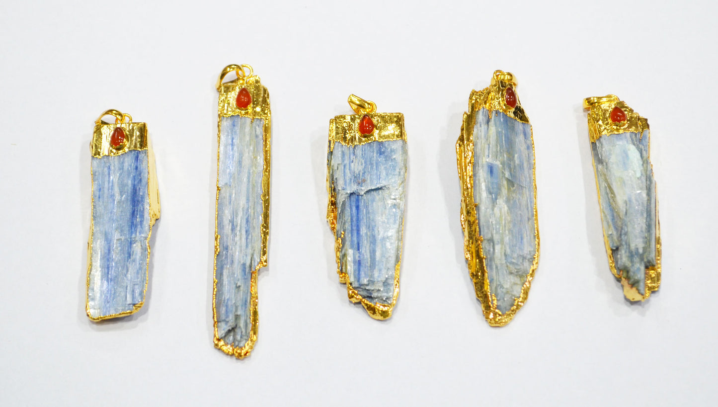 Bohemian Style Raw Kyanite Pendant With Carnelian Pear Accent , Gold Electroplated Pendant Charm , Sold By Piece , 55 - 80 mm , 30254