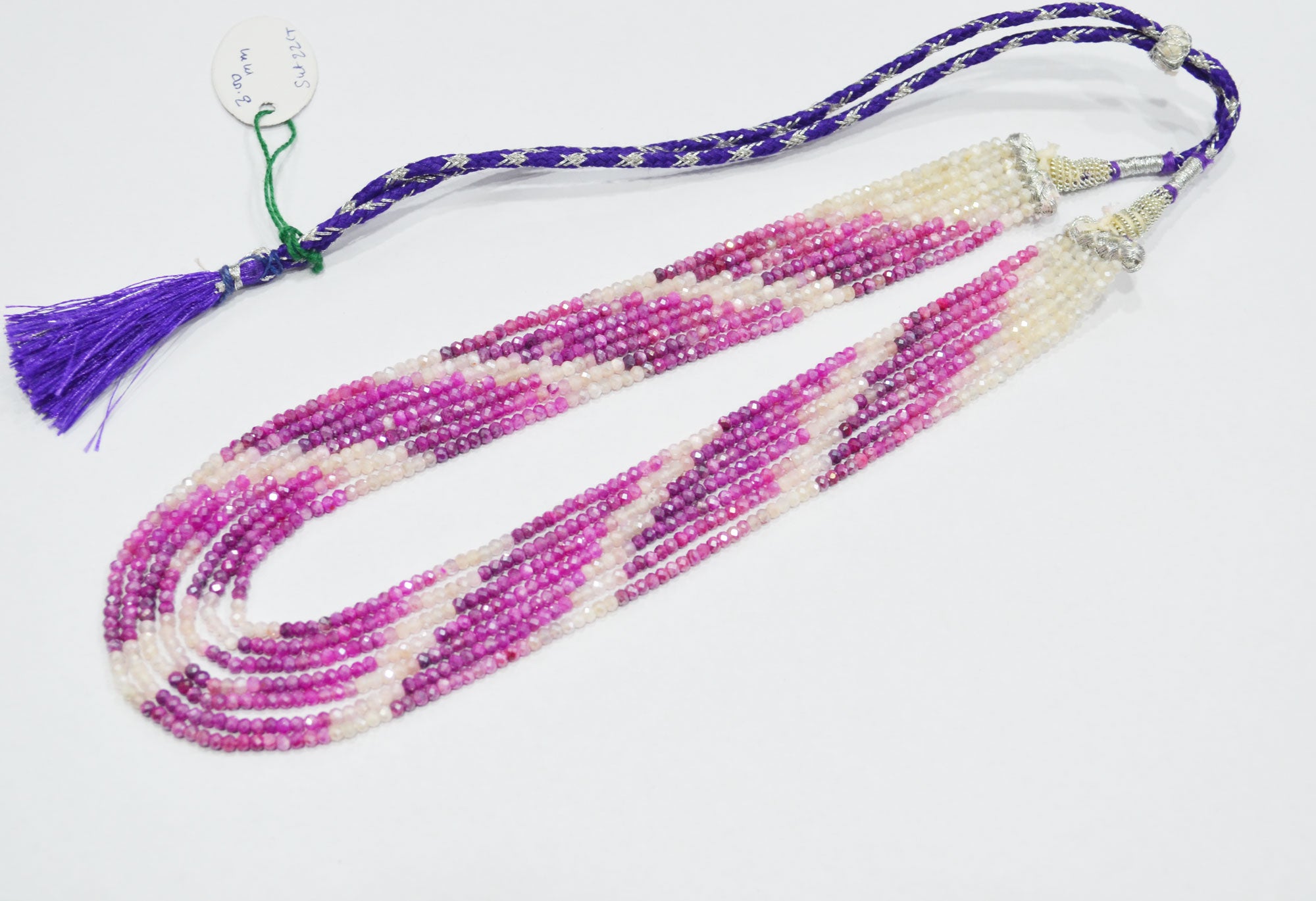 Shaded Pink And White Moonstone AB Silver Coated Faceted Rondelle Shape 7 Line Necklace 15 - 18 Inches Long With Adjustable Tussle , 3 mm , 32343