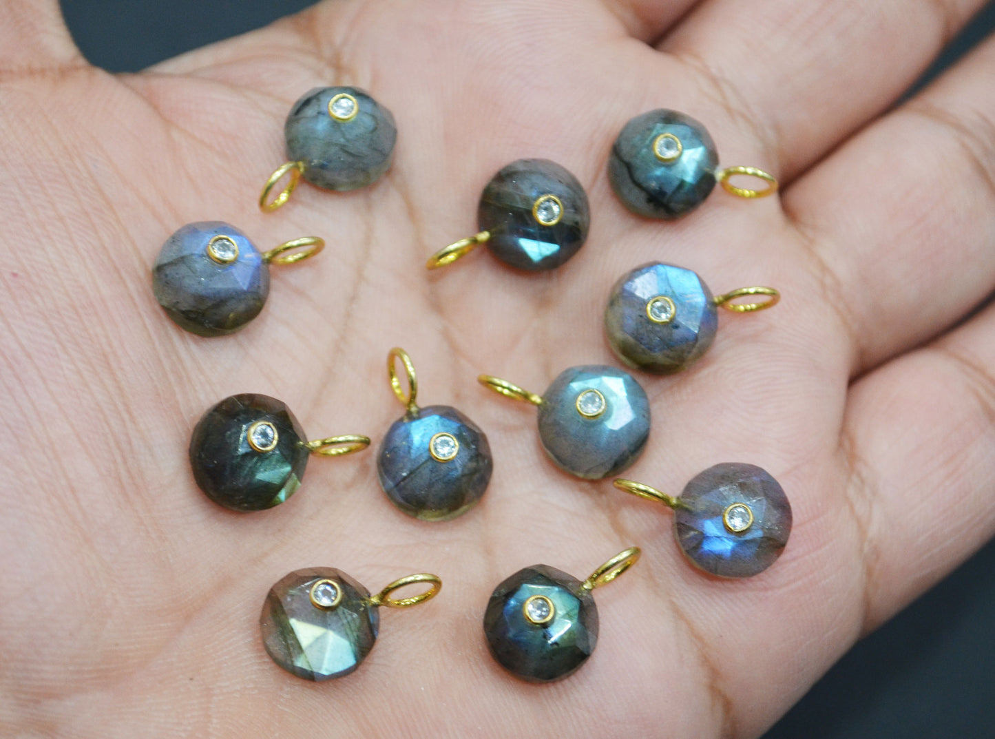 Labradorite Faceted Coin Shape Connector , Labradorite With White Cubic Zirconia Single Bail Bezel Pendant , Sold By Piece , 10 mm , 32485