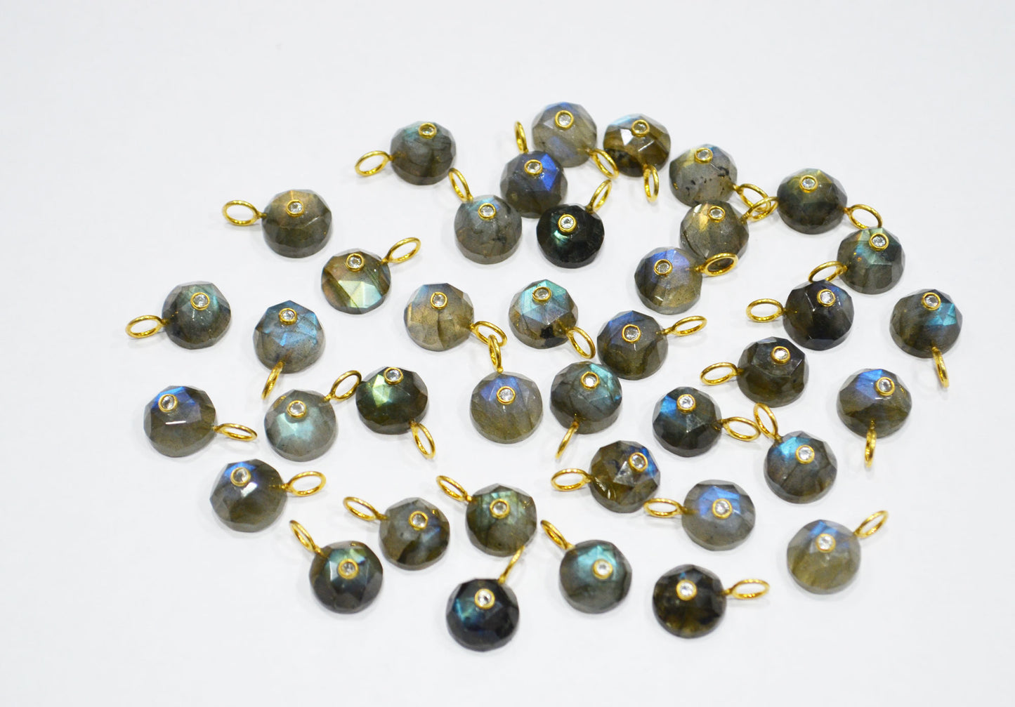 Labradorite Faceted Coin Shape Connector , Labradorite With White Cubic Zirconia Single Bail Bezel Pendant , Sold By Piece , 10 mm , 32485