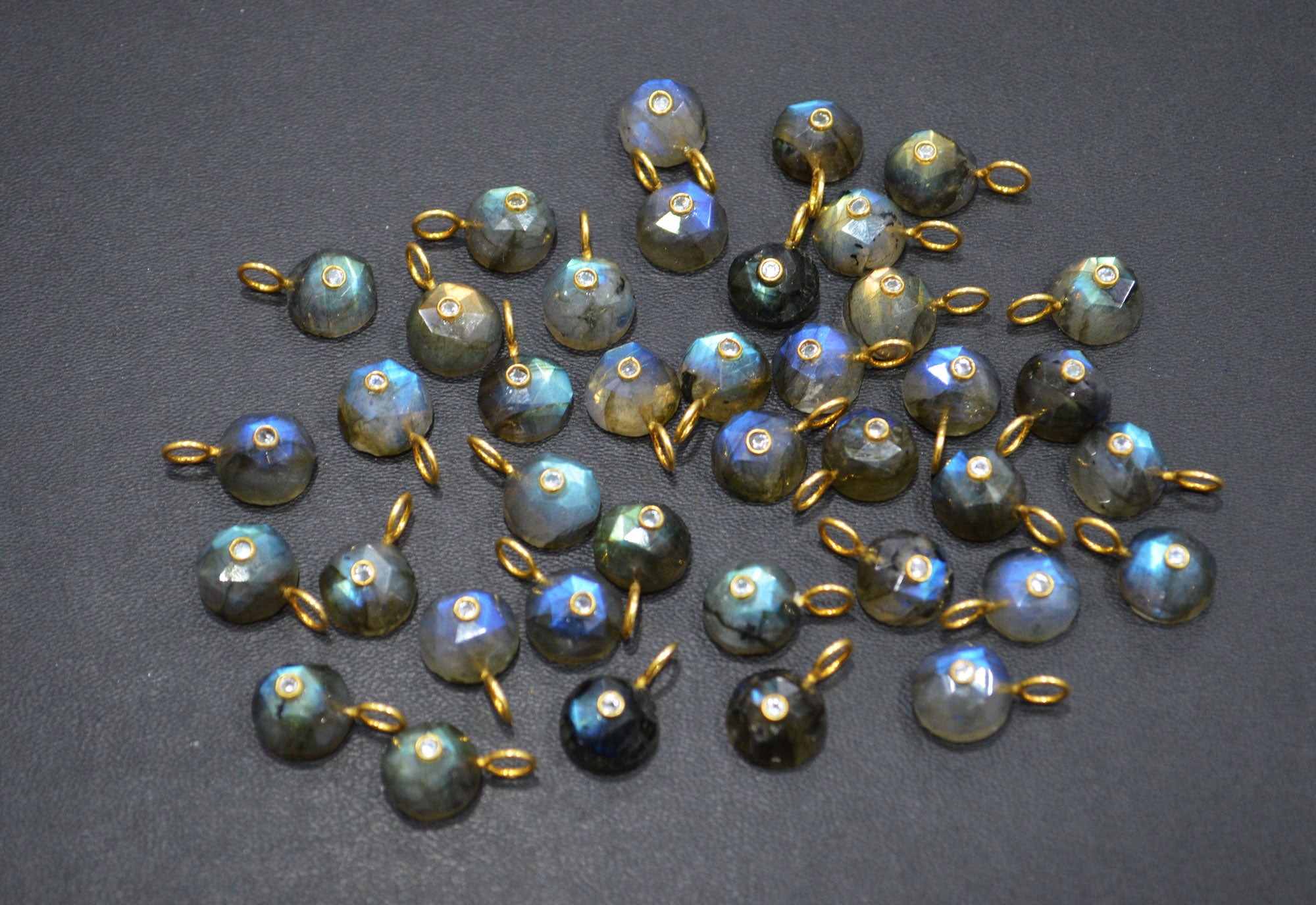 Labradorite Faceted Coin Shape Connector , Labradorite With White Cubic Zirconia Single Bail Bezel Pendant , Sold By Piece , 10 mm , 32485