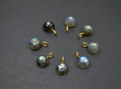 Labradorite Faceted Coin Shape Connector , Labradorite With White Cubic Zirconia Single Bail Bezel Pendant , Sold By Piece , 10 mm , 32485