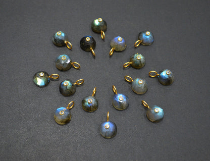 Labradorite Faceted Coin Shape Connector , Labradorite With White Cubic Zirconia Single Bail Bezel Pendant , Sold By Piece , 10 mm , 32485
