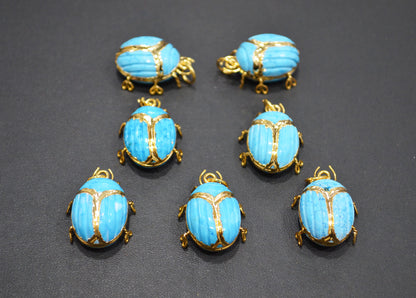 Turquoise Electroplated Beetle Pendant , Egyptian Scarab Turquoise Charm , Sold By Piece , Use To Make Jewelry , 2 - 2.25 cm , 32486