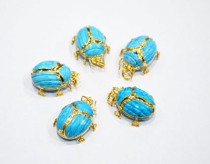 Turquoise Electroplated Beetle Pendant , Egyptian Scarab Turquoise Charm , Sold By Piece , Use To Make Jewelry , 2 - 2.25 cm , 32486