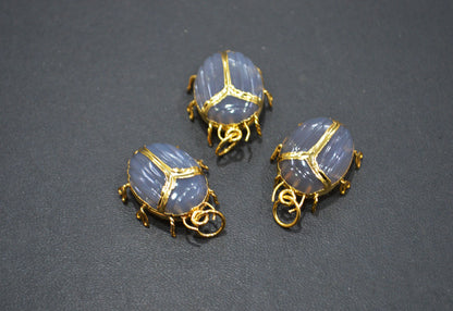 Grey Chalcedony Electroplated Beetle Pendant , Egyptian Scarab Grey Chalcedony Charm , Sold By Piece , Use To Make Jewelry , 2 - 2.25 cm , 32487