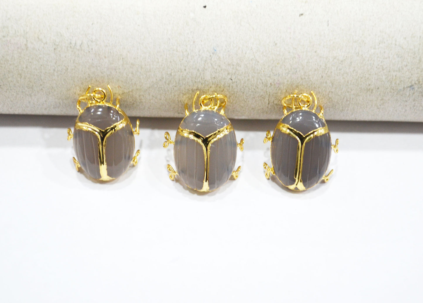 Grey Chalcedony Electroplated Beetle Pendant , Egyptian Scarab Grey Chalcedony Charm , Sold By Piece , Use To Make Jewelry , 2 - 2.25 cm , 32487