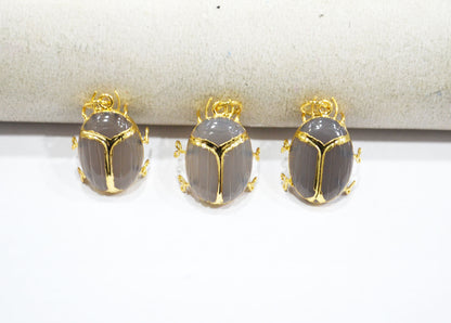 Grey Chalcedony Electroplated Beetle Pendant , Egyptian Scarab Grey Chalcedony Charm , Sold By Piece , Use To Make Jewelry , 2 - 2.25 cm , 32487