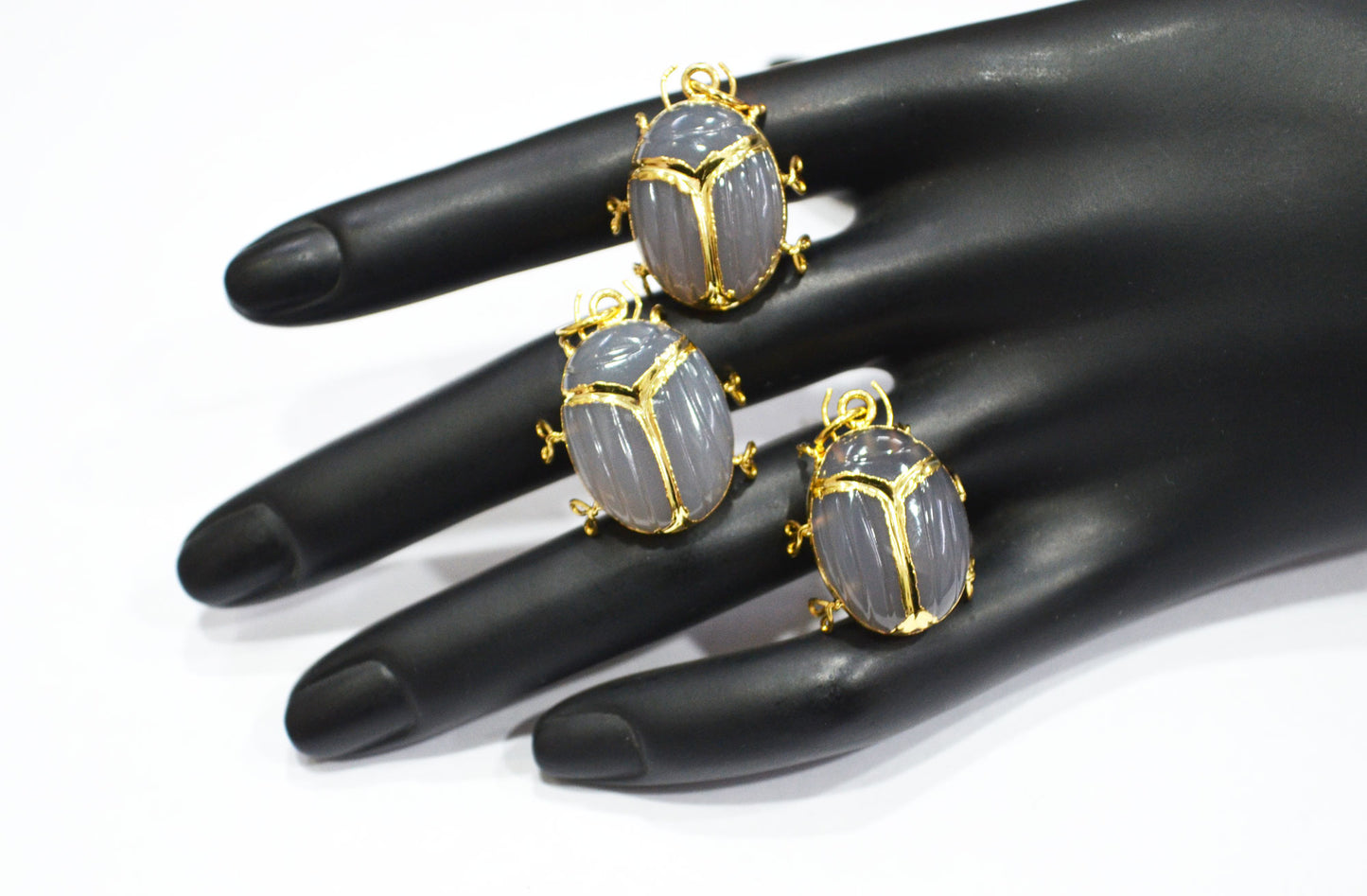 Grey Chalcedony Electroplated Beetle Pendant , Egyptian Scarab Grey Chalcedony Charm , Sold By Piece , Use To Make Jewelry , 2 - 2.25 cm , 32487