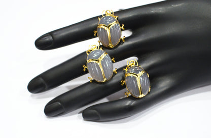 Grey Chalcedony Electroplated Beetle Pendant , Egyptian Scarab Grey Chalcedony Charm , Sold By Piece , Use To Make Jewelry , 2 - 2.25 cm , 32487