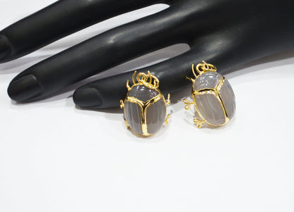 Grey Chalcedony Electroplated Beetle Pendant , Egyptian Scarab Grey Chalcedony Charm , Sold By Piece , Use To Make Jewelry , 2 - 2.25 cm , 32487