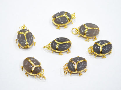 Grey Chalcedony Electroplated Beetle Pendant , Egyptian Scarab Grey Chalcedony Charm , Sold By Piece , Use To Make Jewelry , 2 - 2.25 cm , 32487