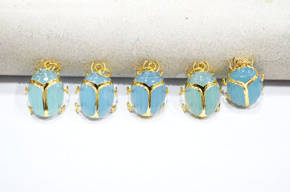 Sky Blue Topaz Chalcedony Electroplated Beetle Pendant , Egyptian Scarab Sky Blue Topaz Chalcedony Charm , Sold By Piece , Use To Make Jewelry , 2 - 2.25 cm , 32488