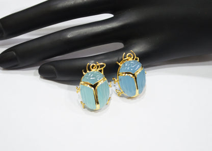 Sky Blue Topaz Chalcedony Electroplated Beetle Pendant , Egyptian Scarab Sky Blue Topaz Chalcedony Charm , Sold By Piece , Use To Make Jewelry , 2 - 2.25 cm , 32488