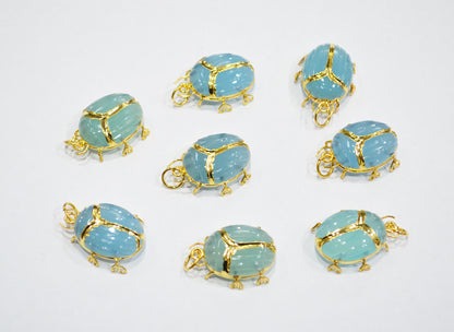 Sky Blue Topaz Chalcedony Electroplated Beetle Pendant , Egyptian Scarab Sky Blue Topaz Chalcedony Charm , Sold By Piece , Use To Make Jewelry , 2 - 2.25 cm , 32488