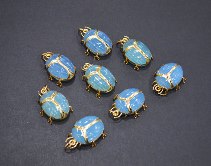 Sky Blue Topaz Chalcedony Electroplated Beetle Pendant , Egyptian Scarab Sky Blue Topaz Chalcedony Charm , Sold By Piece , Use To Make Jewelry , 2 - 2.25 cm , 32488