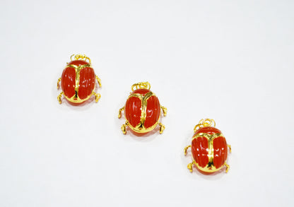 Carnelian Electroplated Beetle Pendant , Egyptian Scarab Carnelian Charm , Sold By Piece , Use To Make Jewelry , 1.80 - 2.25 cm , 32489