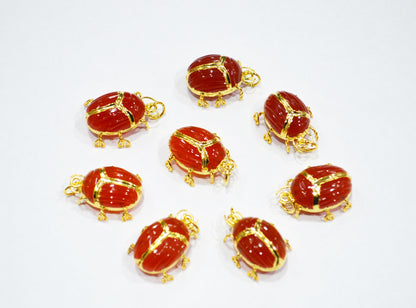 Carnelian Electroplated Beetle Pendant , Egyptian Scarab Carnelian Charm , Sold By Piece , Use To Make Jewelry , 1.80 - 2.25 cm , 32489